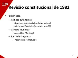 Revisão constitucional de 1982
• Poder local
   – Regiões autónomas
      • Governo e assembleia legislativa regional
      • Ministro da República (nomeado pelo PR)
   – Câmara Municipal
      • Assembleia Municipal
   – Junta de Freguesia
      • Assembleia de Freguesia.




                                                    54
 