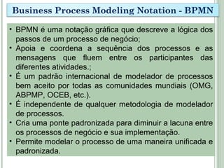 • BPMN é uma notação gráfica que descreve a lógica dos
passos de um processo de negócio;
• Apoia e coordena a sequência dos processos e as
mensagens que fluem entre os participantes das
diferentes atividades.;
• É um padrão internacional de modelador de processos
bem aceito por todas as comunidades mundiais (OMG,
ABPMP, OCEB, etc.).
• É independente de qualquer metodologia de modelador
de processos.
• Cria uma ponte padronizada para diminuir a lacuna entre
os processos de negócio e sua implementação.
• Permite modelar o processo de uma maneira unificada e
padronizada.
Business Process Modeling Notation - BPMN
 