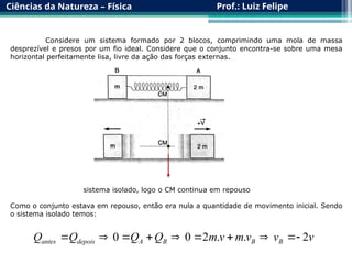 Ciências da Natureza – Física Prof.: Luiz Felipe
Considere um sistema formado por 2 blocos, comprimindo uma mola de massa
desprezível e presos por um fio ideal. Considere que o conjunto encontra-se sobre uma mesa
horizontal perfeitamente lisa, livre da ação das forças externas.
Como o conjunto estava em repouso, então era nula a quantidade de movimento inicial. Sendo
o sistema isolado temos:
sistema isolado, logo o CM continua em repouso
0 0 2 . . 2
antes depois A B B B
Q Q Q Q m v m v v v
        
        
        
        
        
        
        
        
        
        
        
        
        
        
        
        
 
