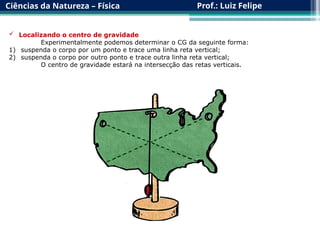 Ciências da Natureza – Física Prof.: Luiz Felipe
 Localizando o centro de gravidade
Experimentalmente podemos determinar o CG da seguinte forma:
1) suspenda o corpo por um ponto e trace uma linha reta vertical;
2) suspenda o corpo por outro ponto e trace outra linha reta vertical;
O centro de gravidade estará na intersecção das retas verticais.
 
