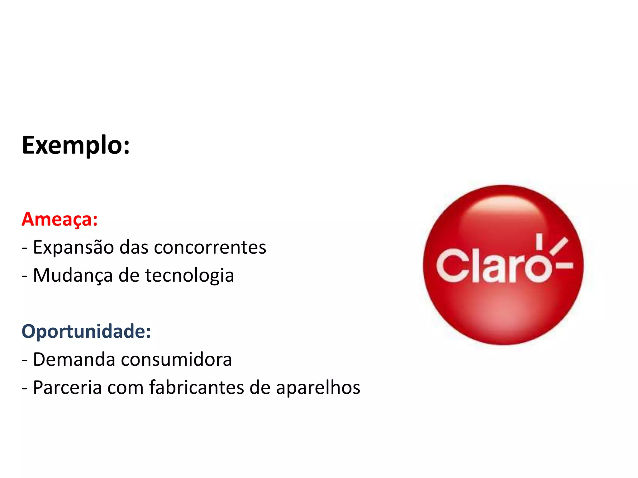 Exemplo:  Ameaça:- Expansão das concorrentes- Mudança de tecnologiaOportunidade:- Demanda consumidora- Parceria com fabricantes de aparelhos