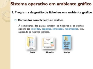 Sistema operativo em ambiente gráfico
3. Programa de gestão de ficheiros em ambiente gráfico

    Comandos com ficheiros e atalhos
     À semelhança das pastas também os ficheiros e os atalhos
     podem ser movidos, copiados, eliminados, renomeados, etc.,
     aplicando as mesmas técnicas.




              Pasta          Ficheiro       Atalho
 