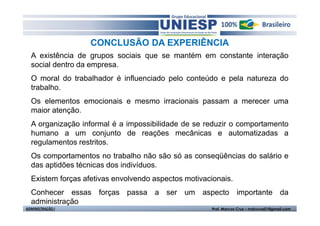 CONCLUSÃO DA EXPERIÊNCIA 
A existência de grupos sociais que se mantém em constante interação 
social dentro da empresa. 
O moral do trabalhador é influenciado pelo conteúdo e pela natureza do 
trabalho. 
Os elementos emocionais e mesmo irracionais passam a merecer uma 
maior atenção. 
A organização informal é a impossibilidade de se reduzir o comportamento 
humano a um conjunto de reações mecânicas e automatizadas a 
regulamentos restritos. 
Os comportamentos no trabalho não são só as conseqüências do salário e 
das aptidões técnicas dos indivíduos. 
Existem forças afetivas envolvendo aspectos motivacionais. 
Conhecer essas forças passa a ser um aspecto importante da 
administração 
ADMINISTRAÇÃO I Prof. Marcos Cruz – mdccruz01@gmail.com 
 