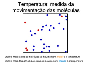 Temperatura: medida da
movimentação das moléculas
Quanto mais rápido as moléculas se movimentam, maior é a temperatura
Qua...