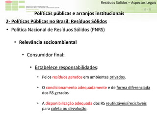 Sudeste de Minas
Campus Avançado de Bom Sucesso
- 21
Resíduos Sólidos – Aspectos Legais
12
Políticas públicas e arranjos institucionais
2- Políticas Públicas no Brasil: Resíduos Sólidos
• Política Nacional de Resíduos Sólidos (PNRS)
• Relevância socioambiental
• Consumidor final:
• Estabelece responsabilidades:
• Pelos resíduos gerados em ambientes privados.
• O condicionamento adequadamente e de forma diferenciada
dos RS gerados
• A disponibilização adequada dos RS reutilizáveis/recicláveis
para coleta ou devolução.
 
