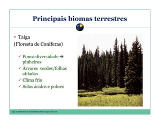 Principais biomas terrestres
Taiga
(Floresta de Coníferas)
Pouca diversidade
pinheiros
Árvores verdes/folhas
afiladas
Clima frio
Solos ácidos e pobres

Aula 6: BIOMAS E ECOSSISTEMAS AQUÁTICOS

 