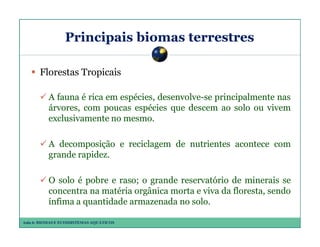 Principais biomas terrestres
Florestas Tropicais
A fauna é rica em espécies, desenvolve-se principalmente nas
árvores, com poucas espécies que descem ao solo ou vivem
exclusivamente no mesmo.
A decomposição e reciclagem de nutrientes acontece com
grande rapidez.
O solo é pobre e raso; o grande reservatório de minerais se
concentra na matéria orgânica morta e viva da floresta, sendo
ínfima a quantidade armazenada no solo.
Aula 6: BIOMAS E ECOSSISTEMAS AQUÁTICOS

 