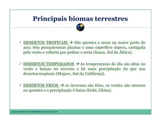 Principais biomas terrestres

DESERTOS TROPICAIS
São quentes e secos na maior parte do
ano; têm pouquíssimas plantas e uma superfície áspera, castigada
pelo vento e coberta por pedras e areia (Saara, Sul da África).
DESERTOS TEMPERADOS
As temperaturas do dia são altas no
verão e baixas no inverno e há mais precipitação do que nos
desertos tropicais (Mojave, Sul da Califórnia).
DESERTOS FRIOS
os invernos são frios, os verões são mornos
ou quentes e a precipitação é baixa (Gobi, China).

Aula 6: BIOMAS E ECOSSISTEMAS AQUÁTICOS

 