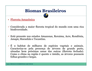 Biomas Brasileiros
Floresta Amazônica
Considerada a maior floresta tropical do mundo com uma rica
biodiversidade.
Está presente nos estados Amazonas, Roraima, Acre, Rondônia,
Amapá, Maranhão e Tocantins.
É o habitat de milhares de espécies vegetais e animais.
Caracteriza-se pela presença de árvores de grande porte,
situadas bem próximas umas das outras (floresta fechada).
Como o clima na região é quente e úmido, as árvores possuem
folhas grandes e largas.
Aula 6: BIOMAS E ECOSSISTEMAS AQUÁTICOS

 