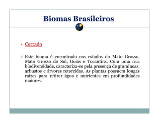 Biomas Brasileiros

Cerrado
Este bioma é encontrado nos estados do Mato Grosso,
Mato Grosso do Sul, Goiás e Tocantins. Com uma rica
biodiversidade, caracteriza-se pela presença de gramíneas,
arbustos e árvores retorcidas. As plantas possuem longas
raízes para retirar água e nutrientes em profundidades
maiores.

 