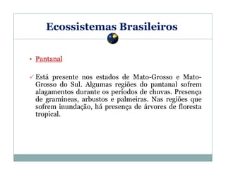 Ecossistemas Brasileiros
Pantanal
Está presente nos estados de Mato-Grosso e MatoGrosso do Sul. Algumas regiões do pantanal sofrem
alagamentos durante os períodos de chuvas. Presença
de gramíneas, arbustos e palmeiras. Nas regiões que
sofrem inundação, há presença de árvores de floresta
tropical.

 