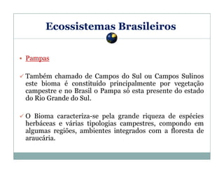 Ecossistemas Brasileiros
Pampas
Também chamado de Campos do Sul ou Campos Sulinos
este bioma é constituído principalmente por vegetação
campestre e no Brasil o Pampa só esta presente do estado
do Rio Grande do Sul.
O Bioma caracteriza-se pela grande riqueza de espécies
herbáceas e várias tipologias campestres, compondo em
algumas regiões, ambientes integrados com a floresta de
araucária.

 