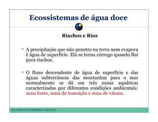 Ecossistemas de água doce
Riachos e Rios

• A precipitação que não penetra na terra nem evapora
é água de superfície. Ela se torna córrego quando flui
para riachos.

• O fluxo descendente de água de superfície e das
águas subterrâneas das montanhas para o mar
normalmente se dá em três zonas aquáticas
caracterizadas por diferentes condições ambientais:
zona fonte, zona de transição e zona de várzea.

Aula 6: BIOMAS E ECOSSISTEMAS AQUÁTICOS

 