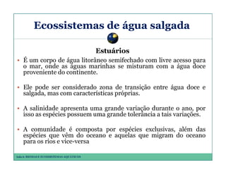 Ecossistemas de água salgada
Estuários
É um corpo de água litorâneo semifechado com livre acesso para
o mar, onde as águas marinhas se misturam com a água doce
proveniente do continente.
Ele pode ser considerado zona de transição entre água doce e
salgada, mas com características próprias.
A salinidade apresenta uma grande variação durante o ano, por
isso as espécies possuem uma grande tolerância a tais variações.
A comunidade é composta por espécies exclusivas, além das
espécies que vêm do oceano e aquelas que migram do oceano
para os rios e vice-versa
Aula 6: BIOMAS E ECOSSISTEMAS AQUÁTICOS

 