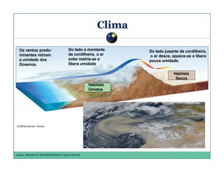 Clima
Os ventos predominantes retiram
a umidade dos
Oceanos.

Do lado a montante
da cordilheira, o ar
sobe resfria-se e
libera umidade

Do lado jusante da cordilheira,
o ar desce, aquece-se e libera
pouca umidade.
Habitats
Secos

Habitats
Úmidos

Aula 6: BIOMAS E ECOSSISTEMAS AQUÁTICOS

 