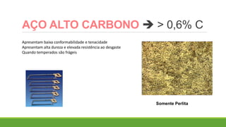 AÇO ALTO CARBONO  > 0,6% C
Apresentam baixa conformabilidade e tenacidade
Apresentam alta dureza e elevada resistência ao desgaste
Quando temperados são frágeis
Somente Perlita
 