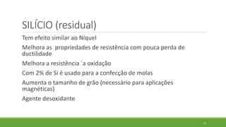 35
SILÍCIO (residual)
Tem efeito similar ao Níquel
Melhora as propriedades de resistência com pouca perda de
ductilidade
Melhora a resistência `a oxidação
Com 2% de Si é usado para a confecção de molas
Aumenta o tamanho de grão (necessário para aplicações
magnéticas)
Agente desoxidante
 