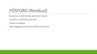 39
FÓSFORO (Residual)
Aumenta a resistência dos aços baixo carbono
Aumenta a resistência à corrosão
Facilita a usinagem
Gera fragilidade à frio (0,04-0,025% no máximo)
 