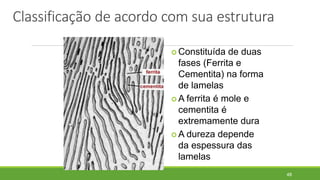 Classificação de acordo com sua estrutura
48
 Constituída de duas
fases (Ferrita e
Cementita) na forma
de lamelas
 A ferrita é mole e
cementita é
extremamente dura
 A dureza depende
da espessura das
lamelas
 