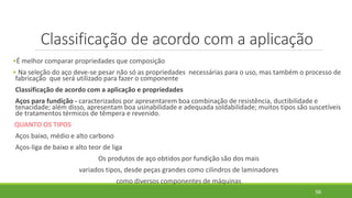 Classificação de acordo com a aplicação
•É melhor comparar propriedades que composição
• Na seleção do aço deve-se pesar não só as propriedades necessárias para o uso, mas também o processo de
fabricação que será utilizado para fazer o componente
Classificação de acordo com a aplicação e propriedades
Aços para fundição - caracterizados por apresentarem boa combinação de resistência, ductibilidade e
tenacidade; além disso, apresentam boa usinabilidade e adequada soldabilidade; muitos tipos são suscetíveis
de tratamentos térmicos de têmpera e revenido.
QUANTO OS TIPOS
Aços baixo, médio e alto carbono
Aços-liga de baixo e alto teor de liga
Os produtos de aço obtidos por fundição são dos mais
variados tipos, desde peças grandes como cilindros de laminadores
como diversos componentes de máquinas
56
 
