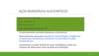 78
AÇOS INOXIDÁVEIS AUSTENÍTICOS
% C= 0,08 ou no máx. 0,25
% Cr= 22, 24 ou 26
% Ni= 12, 15 ou 22
Não são endurecíceis por TT
O encruamento aumenta bastante a resistência
Normalmente, possuem excelentes propriedades criogênicas
e excelentes resistências mecânica e à corrosão em altas
temperaturas.
Constituem a maior família de aços inoxidáveis, tanto em
número de diferentes tipos quanto em utilização
 