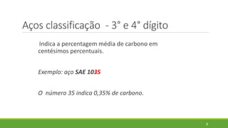 Aços classificação - 3° e 4° dígito
Indica a percentagem média de carbono em
centésimos percentuais.
Exemplo: aço SAE 1035
O número 35 indica 0,35% de carbono.
8
 