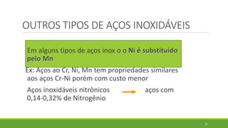 81
OUTROS TIPOS DE AÇOS INOXIDÁVEIS
Em alguns tipos de aços inox o o Ni é substituído
pelo Mn
Ex: Aços ao Cr, Ni, Mn tem propriedades similares
aos aços Cr-Ni porém com custo menor
Aços inoxidáveis nitrônicos aços com
0,14-0,32% de Nitrogênio
 