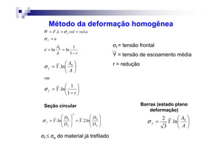 Método da deformação homogênea






−
=






=
r
Y
ou
A
A
Y
f
f
1
1
ln.
ln. 0
σ
σ
Seção circular Barras (estado plano
deformação)








=








=
ff
f
D
D
Y
D
D
Y 0
2
0
ln2.ln.σ 





=
A
A
Yf
0
ln.
3
2
σ
σf ≤ σe do material já trefilado
σf = tensão frontal
Y = tensão de escoamento média
r = redução
rA
A
−
==
1
1
lnln 0
ε
u
uvolvolLFW
f
f
=
===
σ
σ ..
 