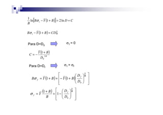 ( )[ ] CDBYB
B
+=+− ln21ln
1
1σ
( )
2
B
CDBYB =+− 11σ
Para D=D0
σ1 = 0
( )
B
D
BY
C 2
0
1+
−=
Para D=Df
σ1 = σf
( ) ( )














+−++=
2
B
0
11
D
D
BYBYB
f
fσ
( )














−+
+
=
2
B
0
1
1
D
D
B
B
Y
f
fσ
 