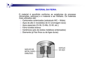 MATERIAL DA FIEIRA:
O material é escolhido conforme as exigências do processo
(dimensões, esforços) e o material a ser trefilado. Os materiais
mais utilizados são:
Carbonetos sinterizados (sobretudo WC – Widia)
Aços de alto C revestidos de Cr (cromagem dura)
Aços especiais (Cr-Ni, Cr-Mo, Cr-W, etc.)
Ferro fundido branco
Cerâmicos (pós de óxidos metálicos sinterizados)
Diamante (p/ fios finos ou de ligas duras)
 