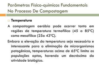Parâmetros Físico-químicos Fundamentais
No Processo De Compostagem
Temperatura
A compostagem aeróbia pode ocorrer tanto em
regiões de temperatura termofílica (45 a 85ºC)
como mesofílica (25a 43ºC).
Embora a elevação da temperatura seja necessária e
interessante para a eliminação de microrganismos
patogênicos, temperaturas acima de 65ºC limita as
populações aptas, havendo um decréscimo da
atividade biológica.


 