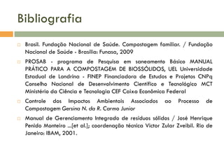 Bibliografia








Brasil. Fundação Nacional de Saúde. Compostagem familiar. / Fundação
Nacional de Saúde - Brasília: Funasa, 2009
PROSAB - programa de Pesquisa em saneamento Básico MANUAL
PRÁTICO PARA A COMPOSTAGEM DE BIOSSÓLIDOS, UEL Universidade
Estadual de Londrina - FINEP Financiadora de Estudos e Projetos CNPq
Conselho Nacional de Desenvolvimento Científico e Tecnológico MCT
Ministério da Ciência e Tecnologia CEF Caixa Econômica Federal
Controle dos Impactos Ambientais Associados
Compostagem Gersina N. da R. Carmo Junior

ao

Processo

de

Manual de Gerenciamento Integrado de resíduos sólidos / José Henrique
Penido Monteiro ...[et al.]; coordenação técnica Victor Zular Zveibil. Rio de
Janeiro: IBAM, 2001.

 