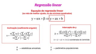 © 2020 - Prof. Marcelo de Paula Corrêa – Proibida reprodução
( ) ( )( )
( ) ( )
2
2
n xy x y
a
n x x
−
=
−
  
 
y x y ax b
=  +  = +
intercepto de y
Inclinação (coeficiente angular)
a
b
→ estatísticas amostrais


→ parâmetros populacionais
Equação de regressão linear
(ou reta de melhor ajuste, ou de mínimos quadrados)
Regressão linear
𝑏 =
σ 𝑦 σ 𝑥2 − σ 𝑥 σ 𝑥𝑦
𝑛 σ 𝑥2 − σ 𝑥 2
𝑏 = ǉ
𝑦 − 𝑎 ǉ
𝑥 ⇒ ǉ
𝑥 e ǉ
𝑦 coordenada do centróide
 