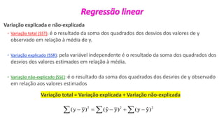 © 2020 - Prof. Marcelo de Paula Corrêa – Proibida reprodução
Variação explicada e não-explicada
◦ Variação total (SST): é o resultado da soma dos quadrados dos desvios dos valores de y
observado em relação à média de y.
◦ Variação explicado (SSR): pela variável independente é o resultado da soma dos quadrados dos
desvios dos valores estimados em relação à média.
◦ Variação não-explicado (SSE): é o resultado da soma dos quadrados dos desvios de y observado
em relação aos valores estimados
Variação total = Variação explicada + Variação não-explicada
2 2 2
ˆ ˆ
(y y) (y y) (y y)
− = − + −
  
Regressão linear
 