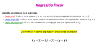 © 2020 - Prof. Marcelo de Paula Corrêa – Proibida reprodução
Variação explicada e não-explicada
◦ Desvio total: Distância entre o ponto (x,y) e a reta horizontal que passa pela média amostral → 𝑦 − ത
𝑦
◦ Desvio explicado: Distância entre o valor predito e a reta horizontal que passa pela média amostral → ො
𝑦 − ത
𝑦
◦ Desvio não-explicado: Resíduo. Distância entre o ponto (x,y) e a reta de regressão → y − ො
𝑦
Desvio total = Desvio explicado + Desvio não-explicado
ˆ ˆ
(y y) (y y) (y y)
− = − + −
Regressão linear
 