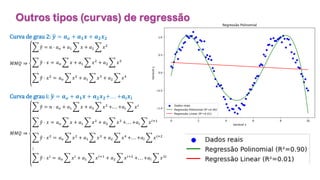 © 2020 - Prof. Marcelo de Paula Corrêa – Proibida reprodução
Curva de grau 2: ෝ
𝒚 = 𝒂𝒐 + 𝒂𝟏𝒙 + 𝒂𝟐𝒙𝟐
𝑀𝑀𝑄 ⇒
෍ ො
𝑦 = 𝑛 ⋅ 𝑎𝑜 + 𝑎1 ෍ 𝑥 + 𝑎2 ෍ 𝑥2
෍ ො
𝑦 ⋅ 𝑥 = 𝑎𝑜 ෍ 𝑥 + 𝑎1 ෍ 𝑥2
+ 𝑎2 ෍ 𝑥3
෍ ො
𝑦 ⋅ 𝑥2
= 𝑎𝑜 ෍ 𝑥2
+ 𝑎1 ෍ 𝑥3
+ 𝑎2 ෍ 𝑥4
Curva de grau i: ෝ
𝒚 = 𝒂𝒐 + 𝒂𝟏𝒙 + 𝒂𝟐𝒙𝟐+. . . +𝒂𝒊𝒙𝒊
𝑀𝑀𝑄 ⇒
෍ ො
𝑦 = 𝑛 ⋅ 𝑎𝑜 + 𝑎1 ෍ 𝑥 + 𝑎2 ෍ 𝑥2
+. . . +𝑎𝑖 ෍ 𝑥𝑖
෍ ො
𝑦 ⋅ 𝑥 = 𝑎𝑜 ෍ 𝑥 + 𝑎1 ෍ 𝑥2
+ 𝑎2 ෍ 𝑥3
+. . . +𝑎𝑖 ෍ 𝑥𝑖+1
෍ ො
𝑦 ⋅ 𝑥2
= 𝑎𝑜 ෍ 𝑥2
+ 𝑎1 ෍ 𝑥3
+ 𝑎2 ෍ 𝑥4
+. . . +𝑎𝑖 ෍ 𝑥𝑖+2
⋮
෍ ො
𝑦 ⋅ 𝑥𝑖
= 𝑎𝑜 ෍ 𝑥𝑖
+ 𝑎1 ෍ 𝑥𝑖+1
+ 𝑎2 ෍ 𝑥𝑖+2
+. . . +𝑎𝑖 ෍ 𝑥2𝑖
Outros tipos (curvas) de regressão
 