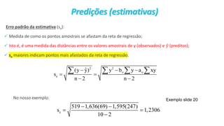 © 2020 - Prof. Marcelo de Paula Corrêa – Proibida reprodução
Erro padrão da estimativa (se):
✓ Medida de como os pontos amostrais se afastam da reta de regressão;
✓ Isto é, é uma medida das distâncias entre os valores amostrais de y (observados) e ො
𝑦 (preditos);
✓ se maiores indicam pontos mais afastados da reta de regressão.
No nosso exemplo:
2 2
o o
e
ˆ
(y y) y b y a xy
s
n 2 n 2
− − −
= =
− −
   
e
519 1,636(69) 1,595(247)
s 1,2306
10 2
− −
= =
−
Predições (estimativas)
Exemplo slide 20
 