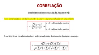 © 2020 - Prof. Marcelo de Paula Corrêa – Proibida reprodução
Coeficiente de correlação de Pearson (r):
◦ mede a intensidade da relação linear entre os valores x e y (emparelhados) em uma amostra.
2
2
r 0 Correlação positiva
ˆ
(y y)
r
(y y)
r 0 Correlação positiva
 →

− 
=  → 
−   →



( ) ( )( )
( ) ( ) ( ) ( )
2 2
2 2
n xy x y
r
n x x n y y
−
=
− −
  
   
O coeficiente de correlação também pode ser calculado diretamente dos dados pareados
CORRELAÇÃO
 