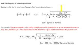 © 2020 - Prof. Marcelo de Paula Corrêa – Proibida reprodução
Intervalo de predição para um y individual
Dado um valor fixo de 𝑥𝑜, o intervalo de predição par um determinado y é:
No exemplo: Vimos que quando x = 4 a melhor predição para y é 8. No entanto, ao se usar valores mais precisos
de y, b e a, obtemos 8,017. Para significância de 95% determine o quão precisa é estimativa de y quando x = 4.
( ) ( )
2
o
e 2
2
2
n(x x)
1
ˆ ˆ
y E y y E com E t s 1
n n x x

−
−   + = + +
−
 
( ) ( )
2
2
1 10(4 3,3)
E 2,306(1,2306) 1 3,031
10 10 121 33
−
= + + =
−
com n–2 graus de liberdade
Se  = 0,05 → t/2 = 2,306 p/ 8 graus de liberdade
 