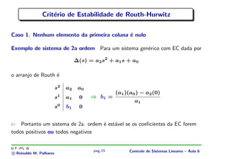 Crit´erio de Estabilidade de Routh-Hurwitz
Caso 1. Nenhum elemento da primeira coluna ´e nulo
Exemplo de sistema de 2a ordem Para um sistema gen´erico com EC dada por
∆(s) = a2s2
+ a1s + a0
o arranjo de Routh ´e
s2
a2 a0
s1
a1 0
s0
b1 0
⇒ b1 =
(a1)(a0) − a2(0)
a1
Portanto um sistema de 2a. ordem ´e est´avel se os coeﬁcientes da EC forem
todos positivos ou todos negativos
c Reinaldo M. Palhares
pag.15 Controle de Sistemas Lineares – Aula 6
 