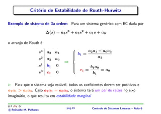 Crit´erio de Estabilidade de Routh-Hurwitz
Exemplo de sistema de 3a ordem Para um sistema gen´erico com EC dada por
∆(s) = a3s3
+ a2s2
+ a1s + a0
o arranjo de Routh ´e
s3
a3 a1
s2
a2 a0
s1
b1 0
s0
c1 0
⇒



b1 =
a2a1 − a0a3
a2
c1 =
b1a0
b1
= a0
Para que o sistema seja est´avel, todos os coeﬁcientes devem ser positivos e
a2a1 > a0a3. Caso a2a1 = a0a3, o sistema ter´a um par de ra´ızes no eixo
imagin´ario, o que resulta em estabilidade marginal
c Reinaldo M. Palhares
pag.16 Controle de Sistemas Lineares – Aula 6
 