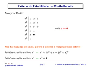 Crit´erio de Estabilidade de Routh-Hurwitz
Arranjo de Routh:
s5
1 2 1
s4
1 2 1
s3
ε ε 0
s2
1 1
s1
ε 0
s0
1
onde ε → 0
N˜ao h´a mudan¸ca de sinais, por´em o sistema ´e marginalmente est´avel
Polinˆomio auxiliar na linha s4
s4
+ 2s2
+ 1 = (s2
+ 1)2
Polinˆomio auxiliar na linha s2
s2
+ 1
c Reinaldo M. Palhares
pag.22 Controle de Sistemas Lineares – Aula 6
 