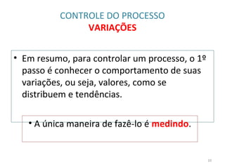 CONTROLE DO PROCESSO
VARIAÇÕES
• Em resumo, para controlar um processo, o 1º
passo é conhecer o comportamento de suas
variações, ou seja, valores, como se
distribuem e tendências.
10
• A única maneira de fazê-lo é medindo.
 