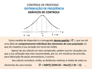 Outra medida de dispersão é o consagrado desvio-padrão ( σ ), que nos dá
uma idéia do comportamento individual dos elementos de uma população no
que diz respeito à sua variação em torno da média.
Apesar de seu cálculo ser mais complicado, podem ocorrer situações em
que a sua utilização seja mais recomendada, por ex. em mecânica de precisão,
para fabricação de peças aeronáuticas, e outros.
Seu cálculo considera, então, as distâncias relativas à média de todos os
elementos de uma mostra. σ = SQRT[[ {SOM (Xi – Xbar)}2
] / (N – 1)]
CONTROLE DE PROCESSO
DISTRIBUIÇÃO DE FREQÜÊNCIA
GRÁFICOS DE CONTROLE
32
X - 3 σ X + 3 σ
X
 