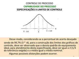 CONTROLE DE PROCESSO
CAPABILIDADE DO PROCESSO
ESPECIFICAÇÕES X LIMITES DE CONTROLE
Desse modo, considerando-se o percentual de acerto desejado
sendo de 99,7% (3 * σ), para a construção dos limites dos gráficos de
controle, deve ser observado que o desvio-padrão do equipamento
ideal, para atendimento desta especificação, deve ser igual a 2 (1/3
da tolerância exigida) e a média igual a média nominal.
Algumas possíveis distorções podem ocorrer.
34
X - 3 σ X + 3 σ
X
 