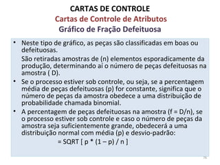 CARTAS DE CONTROLE
Cartas de Controle de Atributos
Gráfico de Fração Defeituosa
• Neste tipo de gráfico, as peças são classificadas em boas ou
defeituosas.
São retiradas amostras de (n) elementos esporadicamente da
produção, determinando aí o número de peças defeituosas na
amostra ( D).
• Se o processo estiver sob controle, ou seja, se a percentagem
média de peças defeituosas (p) for constante, significa que o
número de peças da amostra obedece a uma distribuição de
probabilidade chamada binomial.
• A percentagem de peças defeituosas na amostra (f = D/n), se
o processo estiver sob controle e caso o número de peças da
amostra seja suficientemente grande, obedecerá a uma
distribuição normal com média (p) e desvio-padrão:
= SQRT [ p * (1 – p) / n ]
76
 