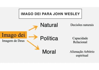 IMAGO DEI PARA JOHN WESLEY
Imago dei
Política
Natural
Imagem de Deus
Moral Alienação Arbitrio
espiritual
Decisões naturais
Capacidade
Relacional
 