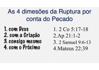 As 4 dimesões da Ruptura por
conta do Pecado
1. com Deus
2. com a Criação
3. consigo mesmo
4. com o Próximo
1. 2 Co 5:17-18
2.Ap 21:1-2
3. 2 Samuel 9:6-13
4.Mateus 22:39
 