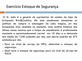 Exercício Estoque de Segurança
O Sr. João é o gerente de suprimentos da cadeia de lojas de
brinquedo Brim&Cadeira. Ele está atualmente estudando as
políticas de compra e estocagem do cubo mágico, um dos
brinquedos mais vendidos no momento. Uma análise histórica dos
últimos meses mostrou que o tempo de atendimento é praticamente
constante e aproximadamente normal em 10 dias e a demanda
tem média de 1240 unidades por dia, com desvio padrão de 375
unidades por dia.
o Para um nível de serviço de 90%, determine o estoque de
segurança.
o Qual seria o estoque de segurança para um nível de serviço de
95%?
 