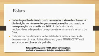 Folato
▶ baixa ingestão de folato pode aumentar o risco de câncer 
diminuição no número de grupamentos metila, causando a
incorporação de uracila ao DNA. A deficiência de
nucleotídeos adequados compromete o sistema de reparo do
DNA.
▶ Indivíduos com deficiência de folato tem maior chance de
desenvolver câncer. Polimorfismo no gene MTHFR C677T está
associado ao câncer de pulmão.
Folate pathway gene MTHFR C677T polymorphism
and risk of lung cancer in Asian populations, 2014
 